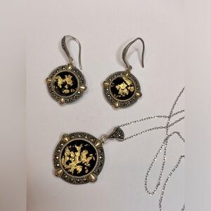 TJM Sterling Silver Necklace Earrings Set Crystal Gold Leaf Onyx Disc Marquisite